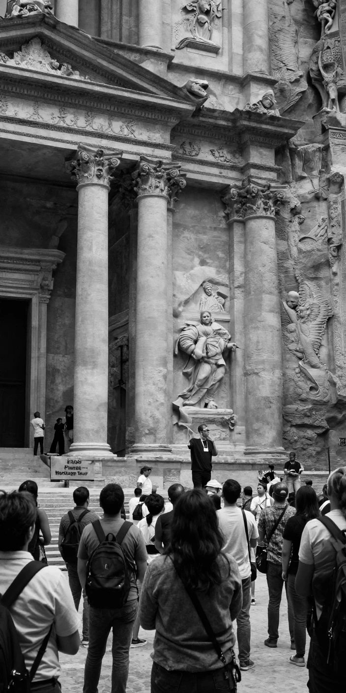 A tour guide points out details on an ancient facade in a crowded historic plaza.