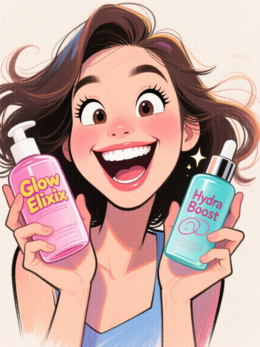 A woman doing a skincare routine video, holding up product bottles to the camera.