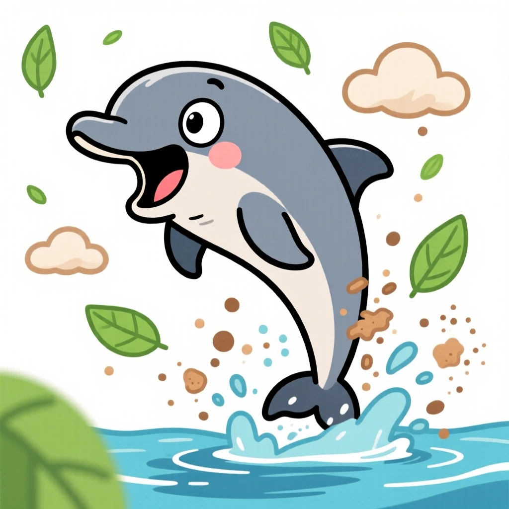 A charming animal moment featuring a playful dolphin reacting with wide-eyed surprise to something offscreen, as leaves and dust scatter around it.