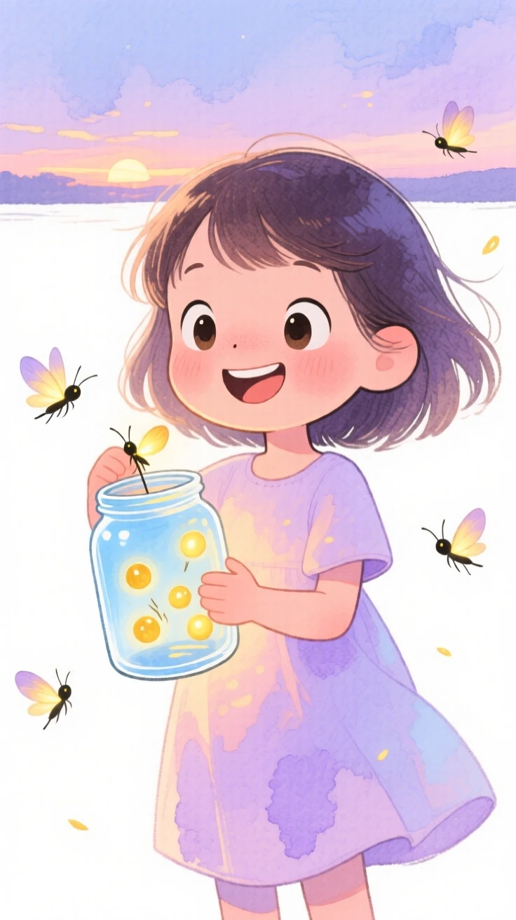 A heartwarming scene of a girl catching fireflies in a jar at dusk