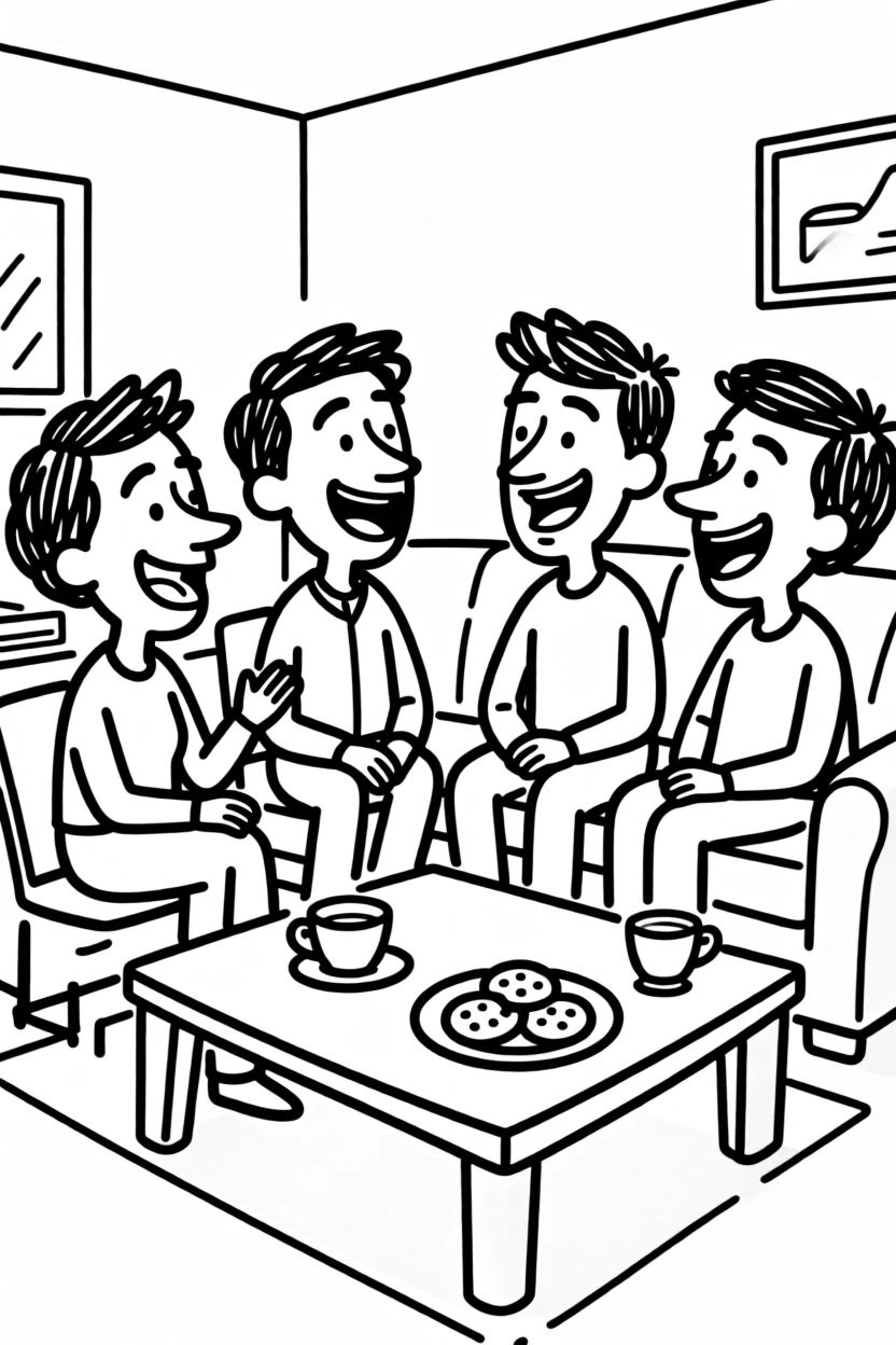 A book club meeting warmly in a living room, tea and cookies on the table.