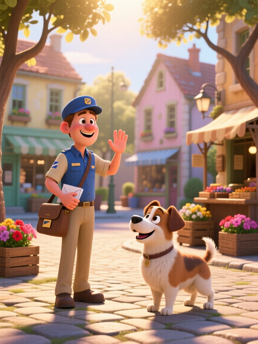 A mail carrier waving to a neighborhood dog is captured at a village square during a quiet afternoon, with warm morning light spilling across the scene. A gentle, charming warmth fills this everyday moment.