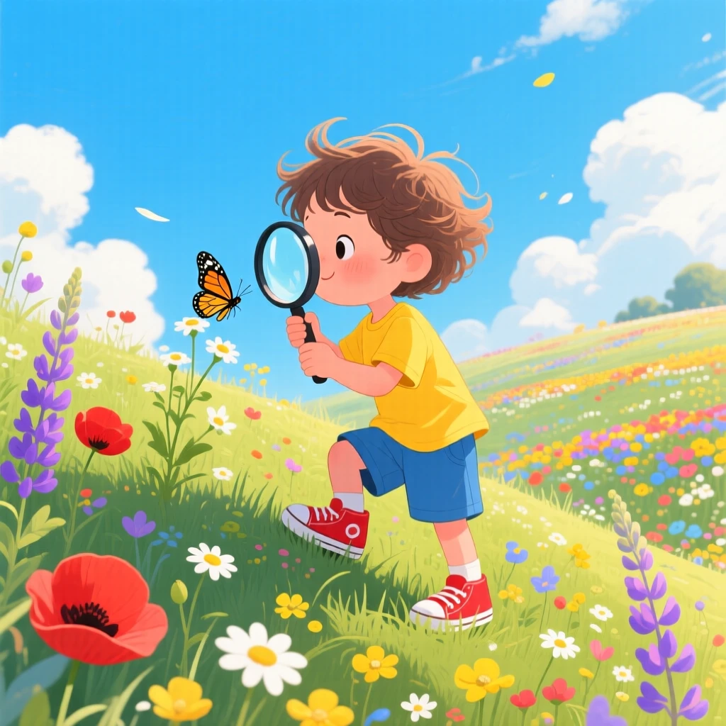 A child with a magnifying glass spends the day climbing to the top of a grassy hill for the view through a wildflower meadow, as wildflowers sway in the breeze.