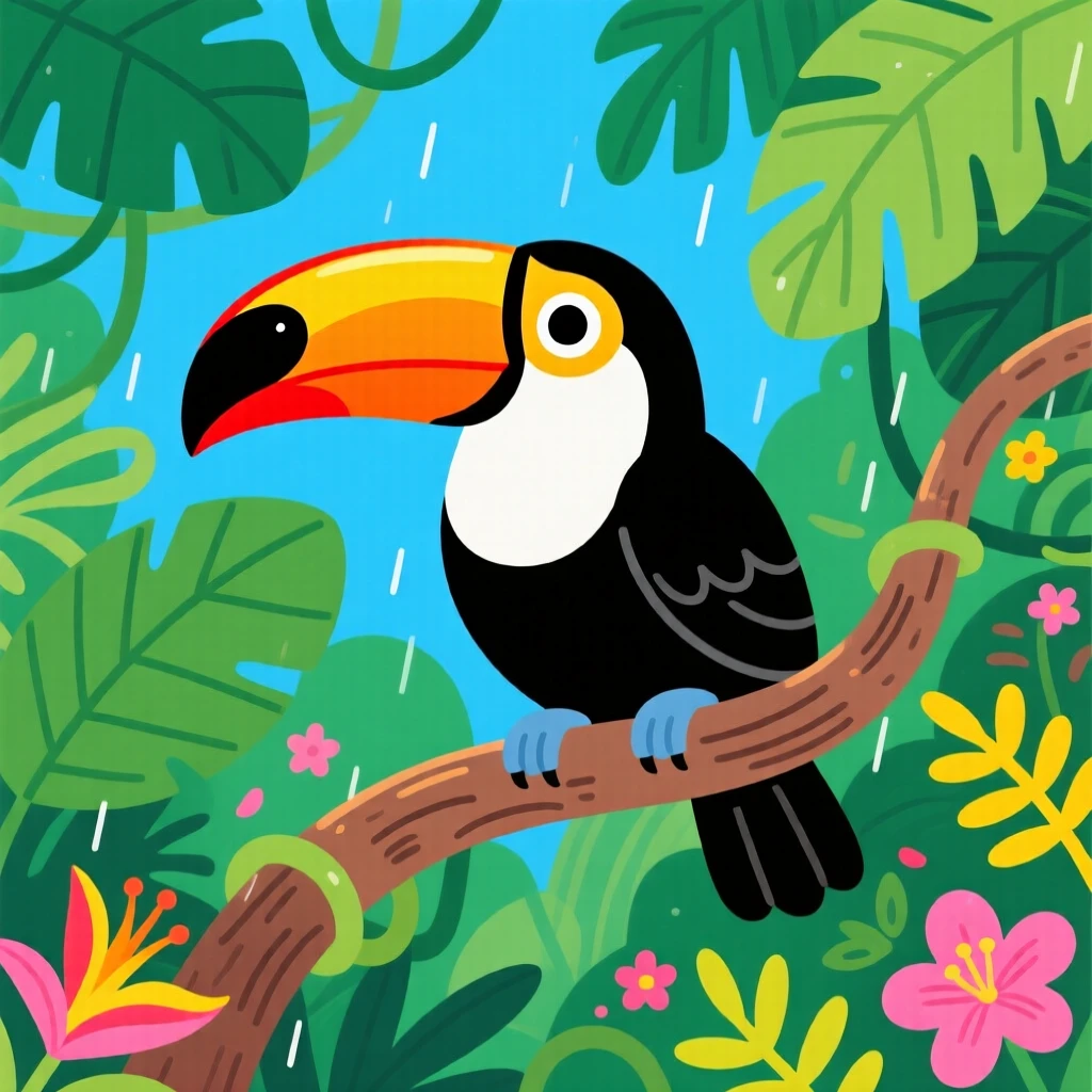 A toucan perched on a branch in a lush rainforest canopy.