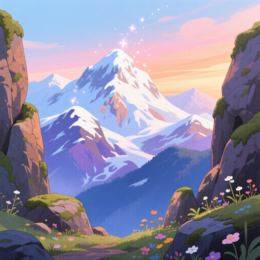 A stunning view of a dramatic mountain range capped with fresh snow, framed between two rocky outcrops.