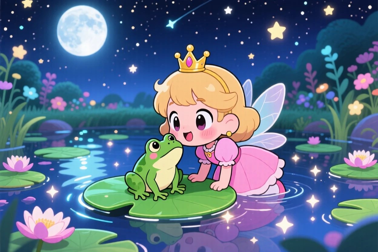 In a fairy-tale garden pond, a small princess is kissing a friendly frog on a lily pad under a starry midsummer night sky, bathed in shimmering reflected light off water, expression full of curious excitement. Shot as an over-the-shoulder view.