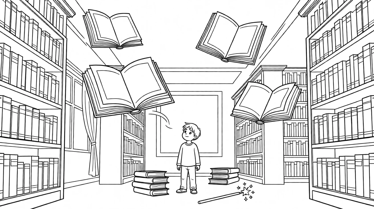 A magical library where books float and pages turn themselves