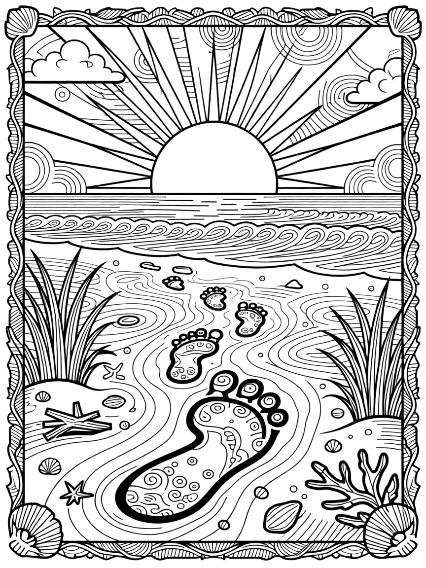A single trail of footprints in the sand leading toward a rising sun.