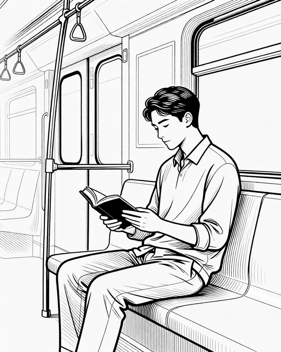 A commuter reading a book on a quiet subway car