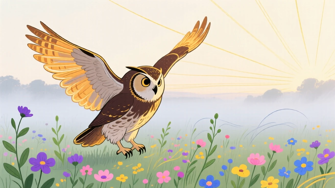 A wise old owl stretching in the morning light near a wildflower field as fog rolls in.