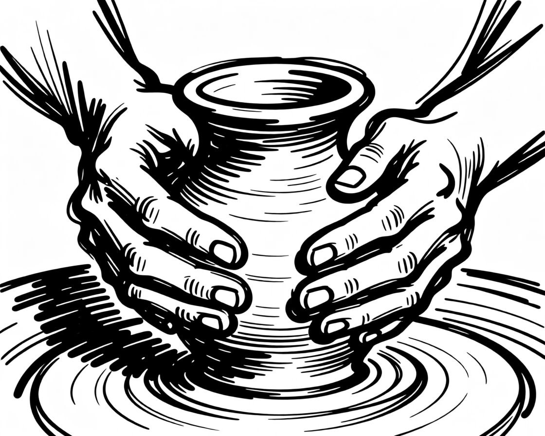A pair of hands molding clay into a graceful, unfinished vase.