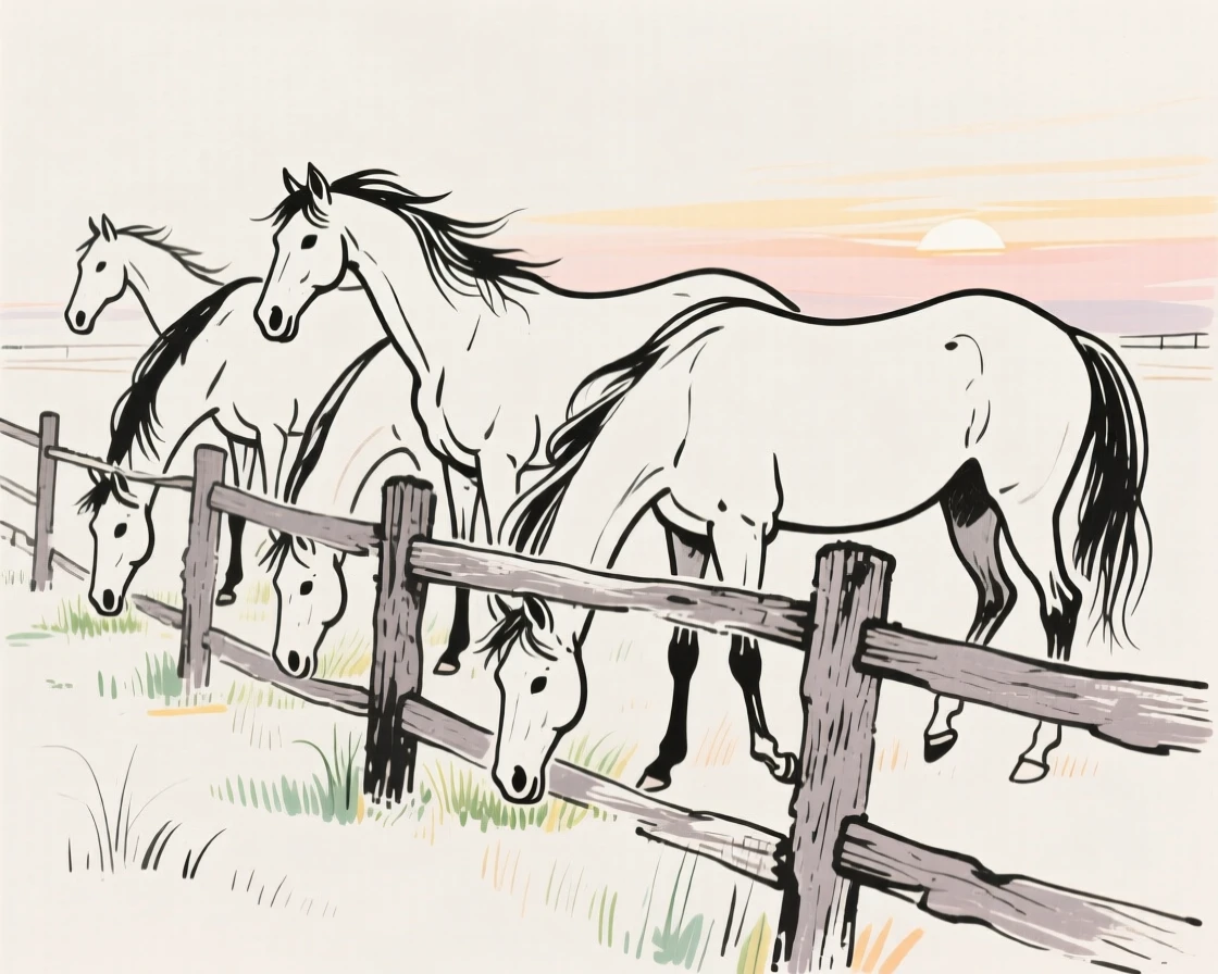 A herd of horses grazing beside a weathered wooden fence at dawn.