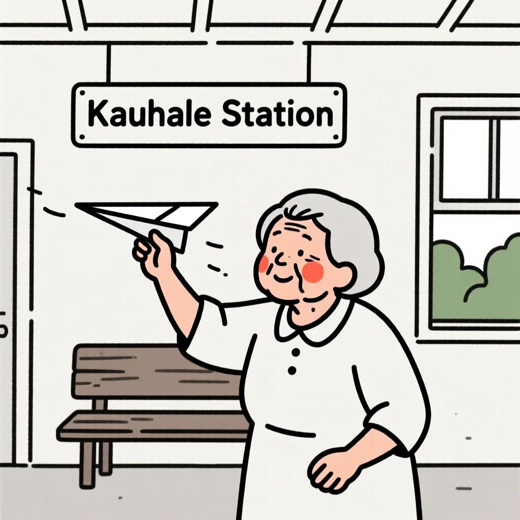A grandmother of Hawaiian heritage flying a paper airplane indoors, at a rural train station.