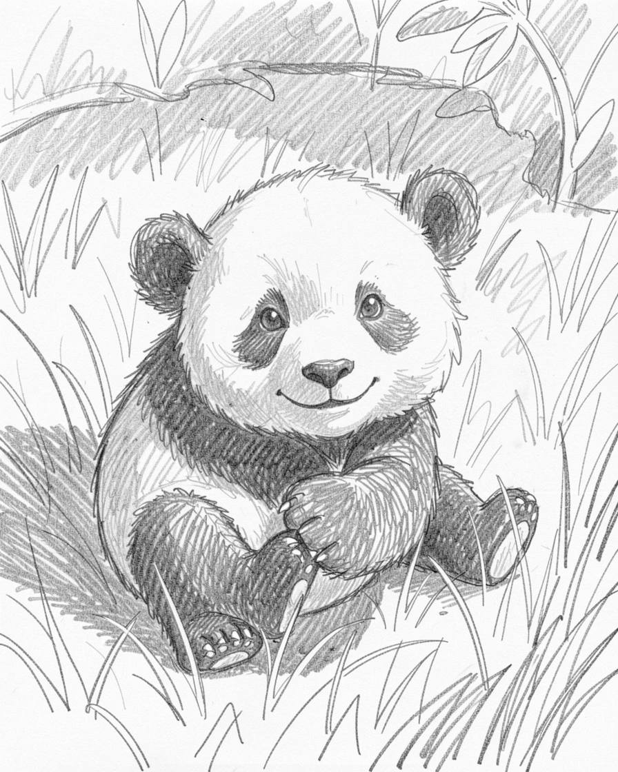 A charming close-up of a baby panda tumbling in the grass in a sunlit garden, looking impossibly soft and content.