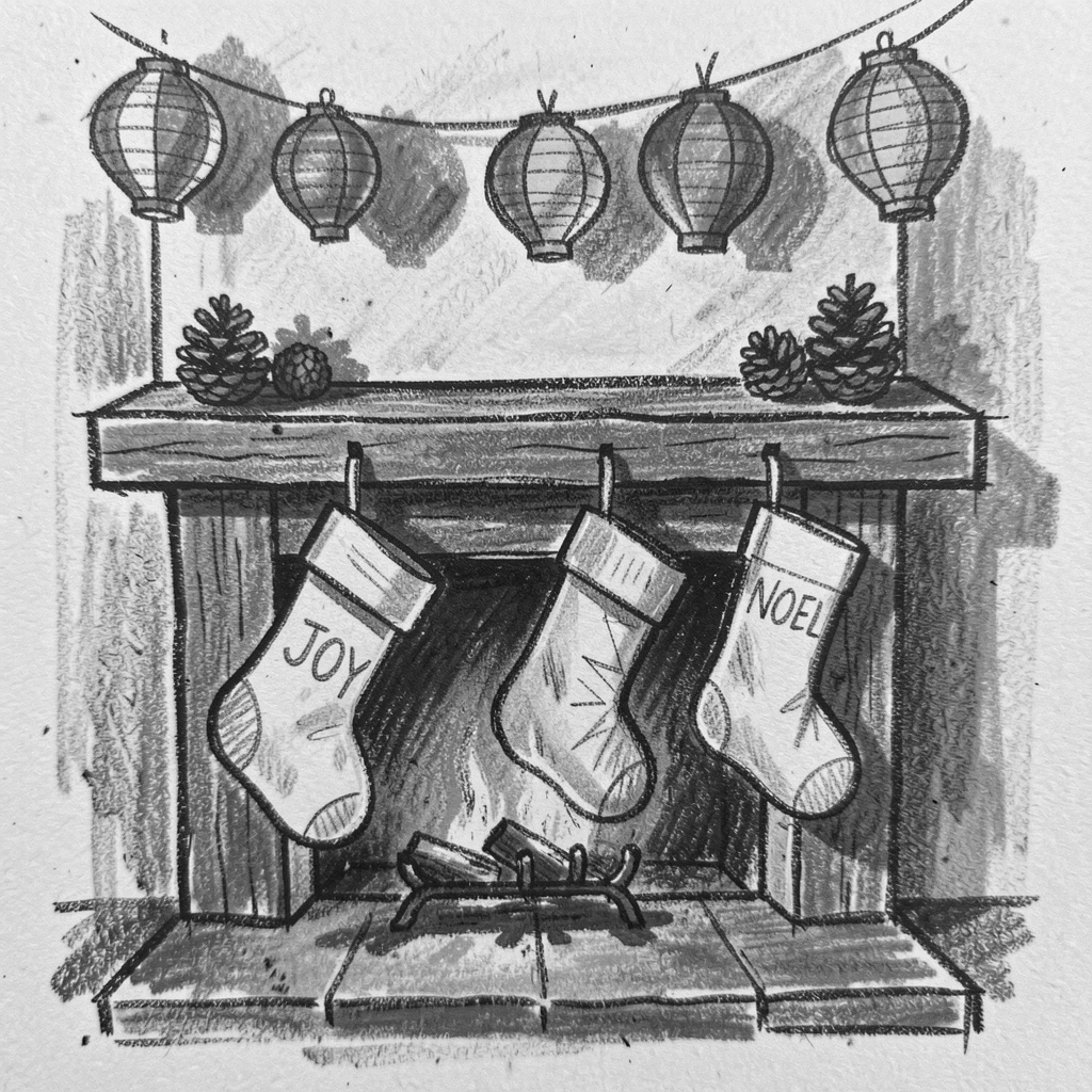 A quiet Christmas morning with stockings by the fireplace, under a canopy of colorful lanterns.
