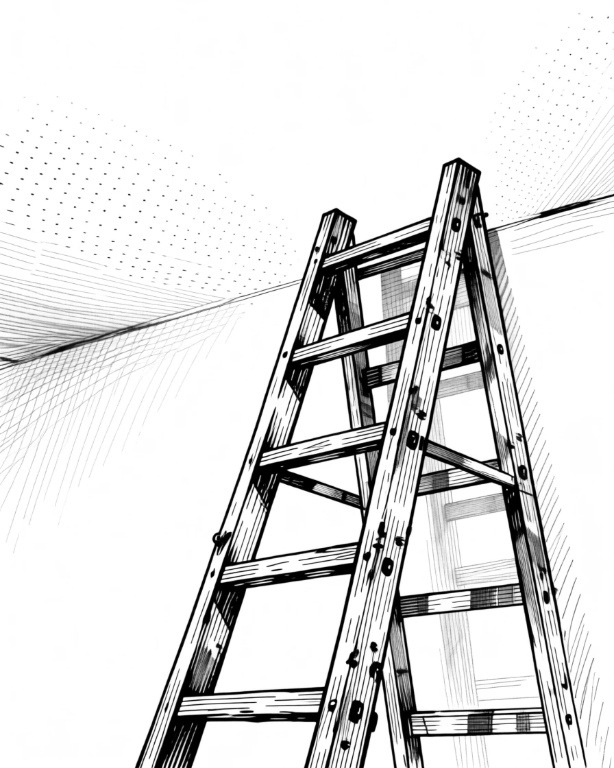 A single ladder leaning against a bright open sky, inviting an upward climb.