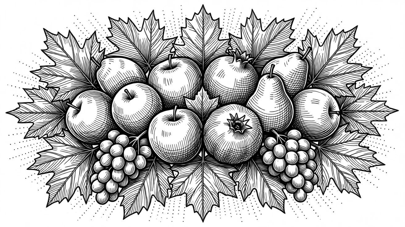 A symmetrical arrangement of seasonal fruits and leaves arranged in flowing, organic symmetry, with layered textures adding depth to the design, forming a luxuriously detailed decorative composition.