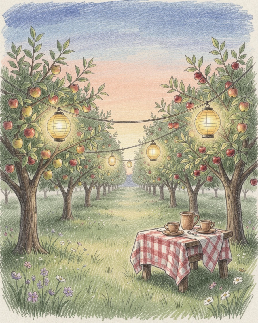 A quiet countryside orchard with lanterns strung for an evening party, set against a softly lit, atmospheric backdrop, radiating comfort, joy, and quiet beauty.