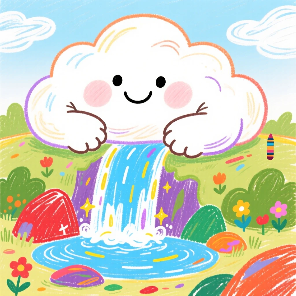 A cloud giant resting beside a sparkling magical waterfall.