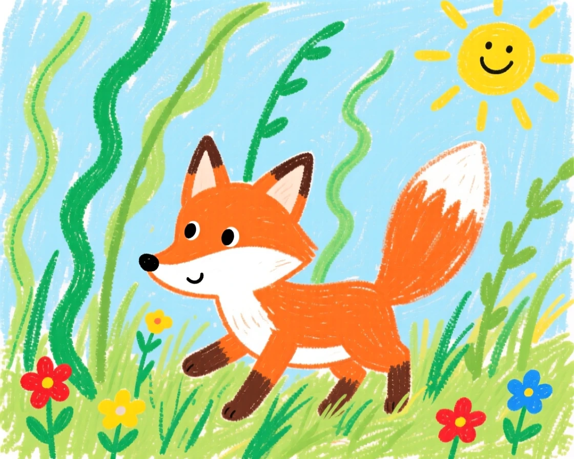 A curious fox kit exploring tall grass for the first time.