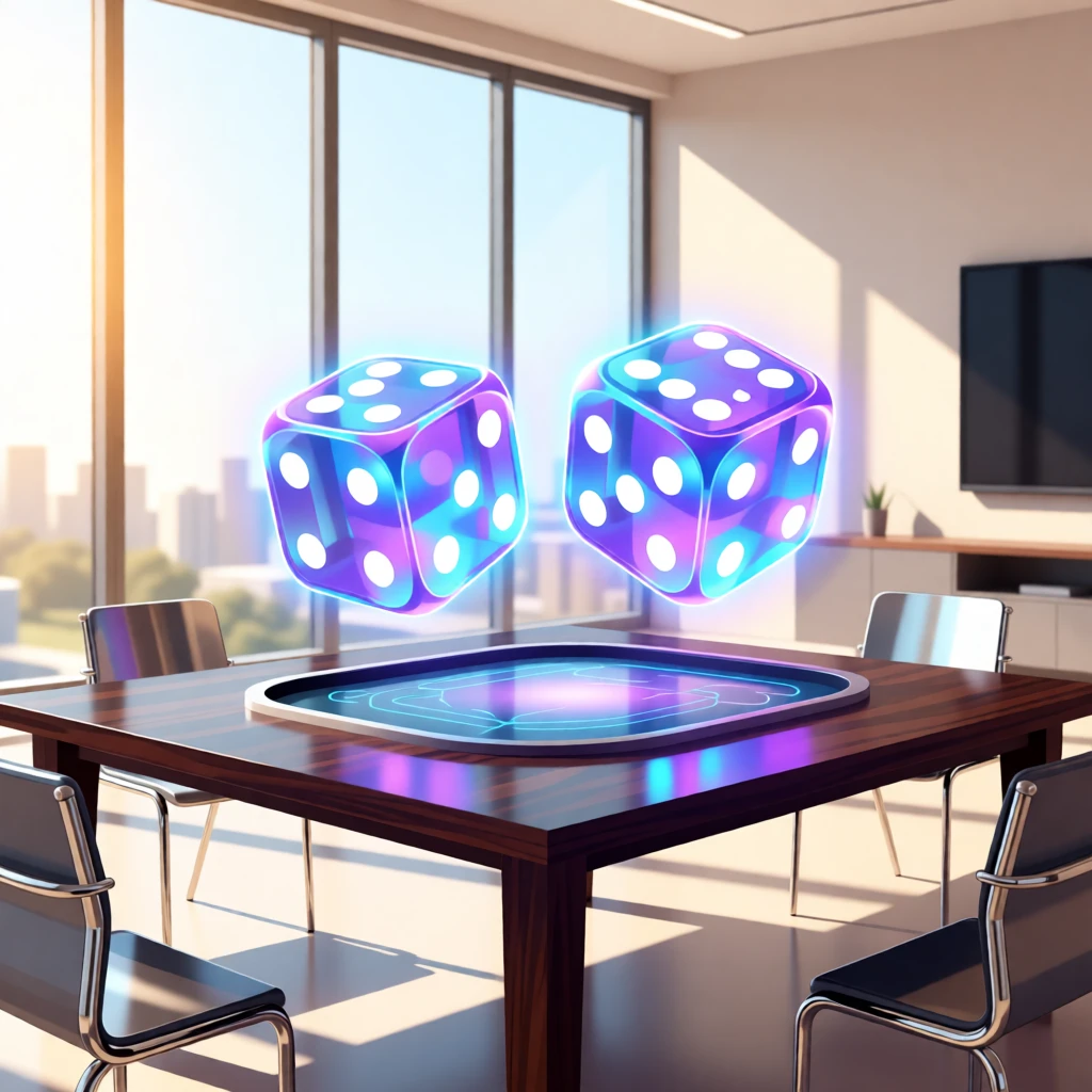 A pair of holographic dice glowing above a game table, set within a bright, sunlit contemporary room, composed with a friendly, approachable sense of innovation, with sleek metallic textures catching soft light.