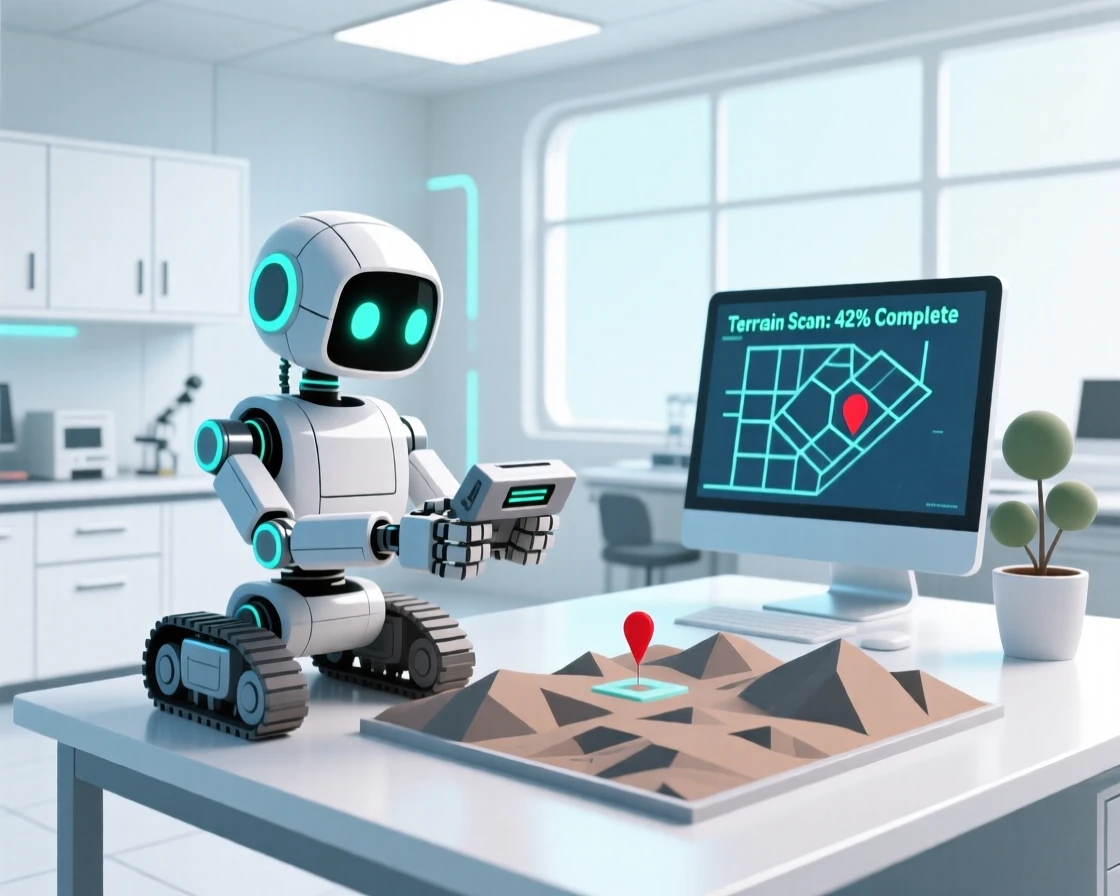 A small robot mapping the terrain in a bright research lab.