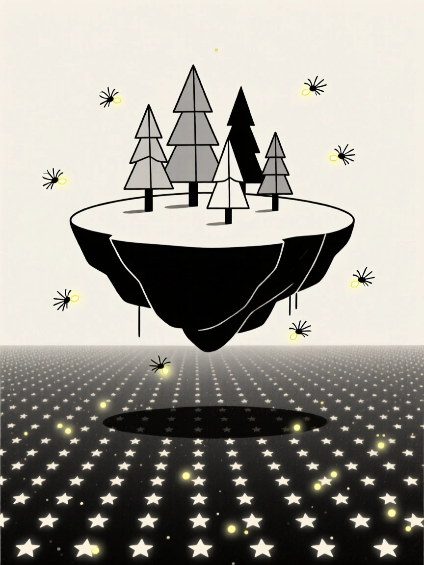 A floating island covered in trees floating above an endless field of stars, surrounded by tiny glowing fireflies, radiating wondrous imagination.