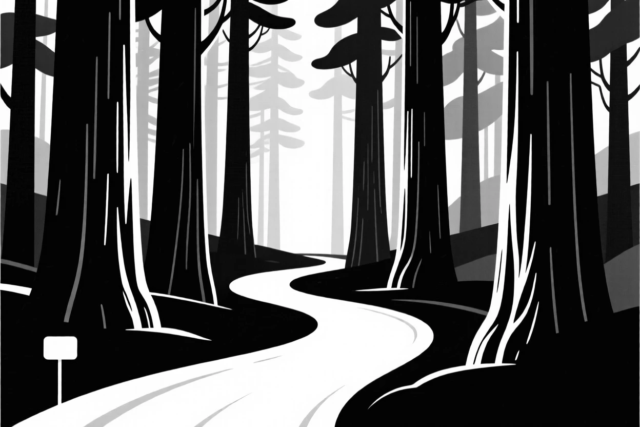 A sunlit path winding through tall redwoods.