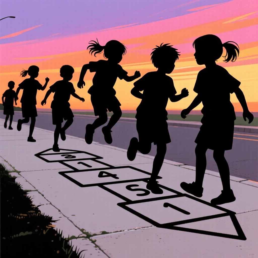 A group of children playing hopscotch on a chalk-drawn sidewalk.