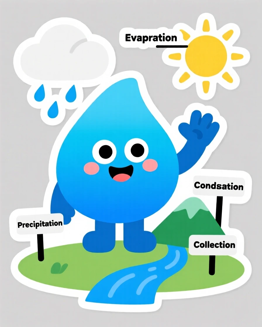 A bright and friendly cartoon raindrop explaining the water cycle, waving hello with excitement, designed to make learning fun.