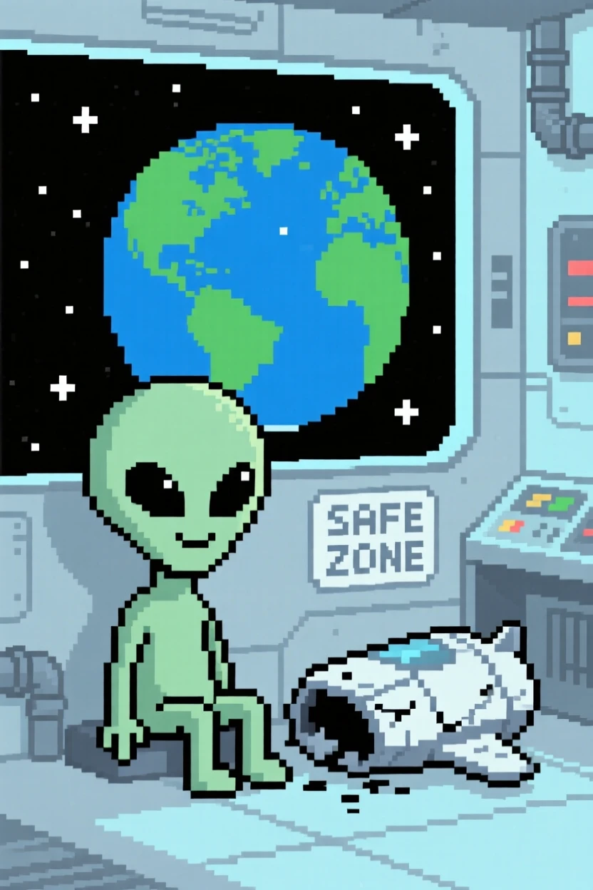A friendly alien creature with big eyes resting beside a crashed but harmless spacecraft, inside a space station overlooking Earth.