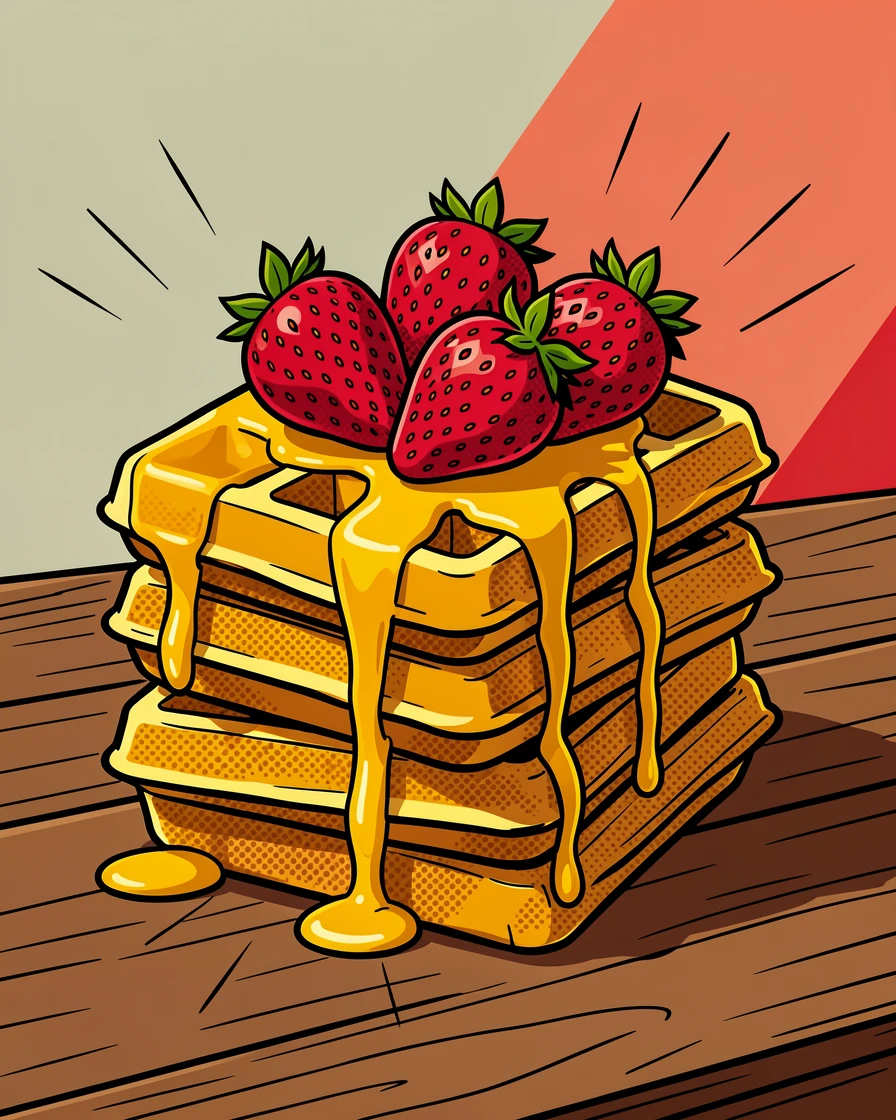 A stack of crispy waffles with strawberries presented beautifully on a rustic wooden table