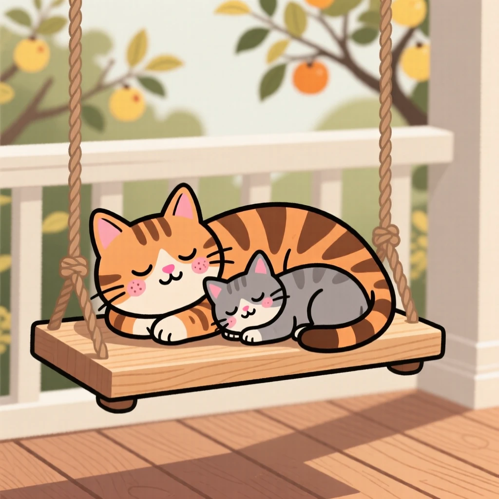 A tabby cat curls up beside a sleeping kitten on a porch swing, both worn out after an afternoon of wandering the orchard.