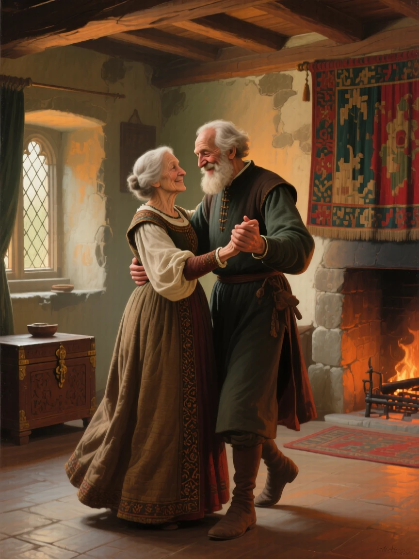 A detailed close shot of an elderly couple dancing slowly in their living room, in early morning light, in medieval times.