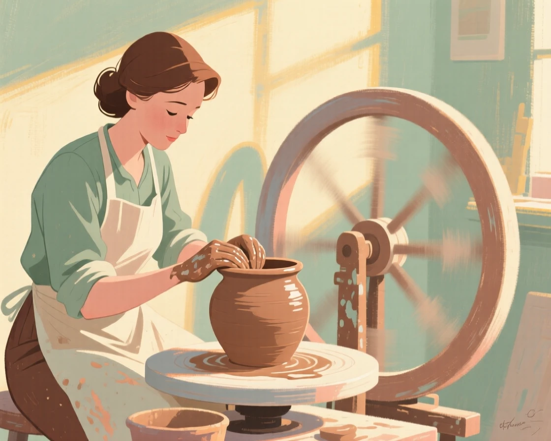 A potter shaping wet clay on a spinning wheel