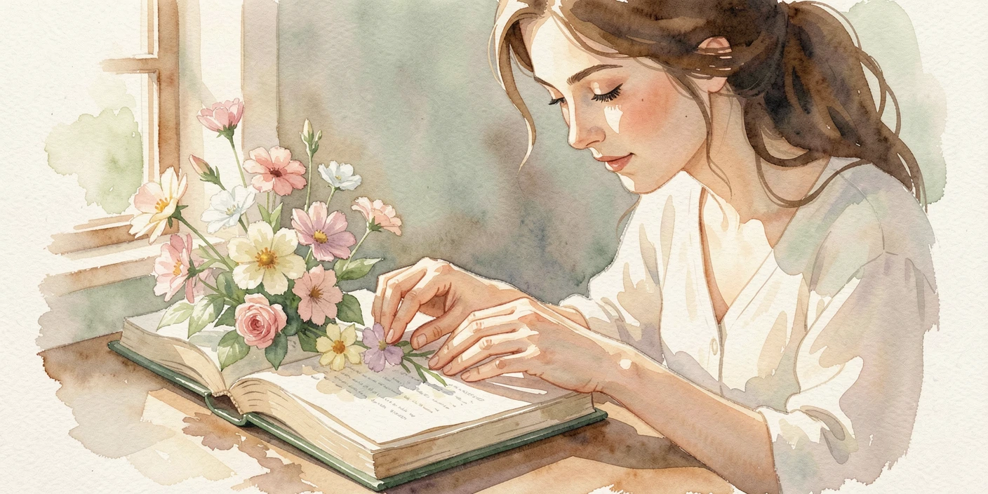 A woman pressing flowers between the pages of a book with focused, peaceful concentration.