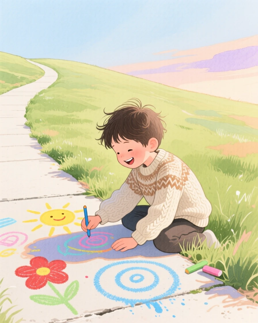 A boy in a knitted sweater draws chalk pictures on the sidewalk on a grassy hillside, laughter and joy filling the warm afternoon air