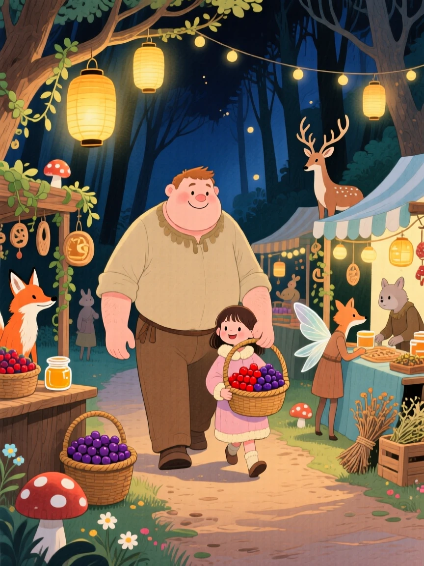 A kind-hearted giant guiding a girl with a basket of berries through a lantern-lit night market for woodland folk.
