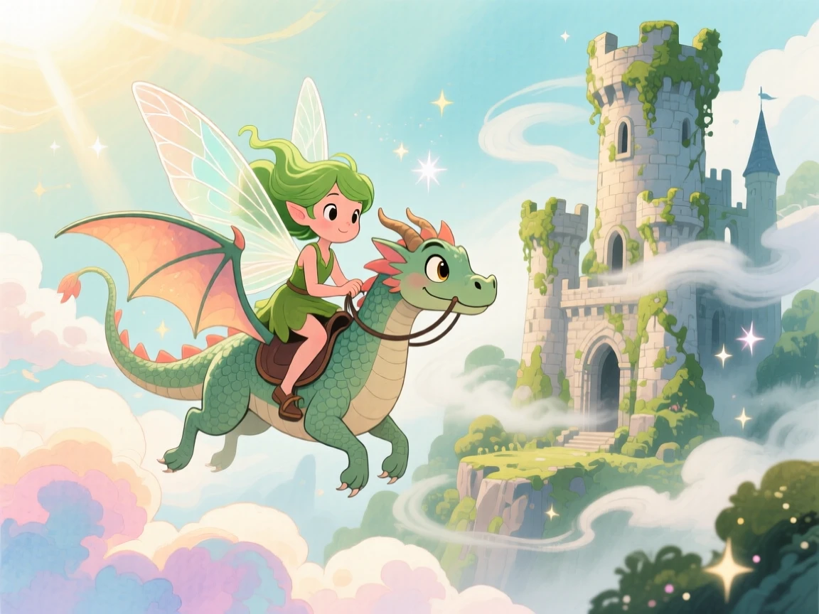 A forest sprite riding a friendly dragon soaring above the clouds, in an ancient castle wrapped in mist, brimming with enchantment and discovery.