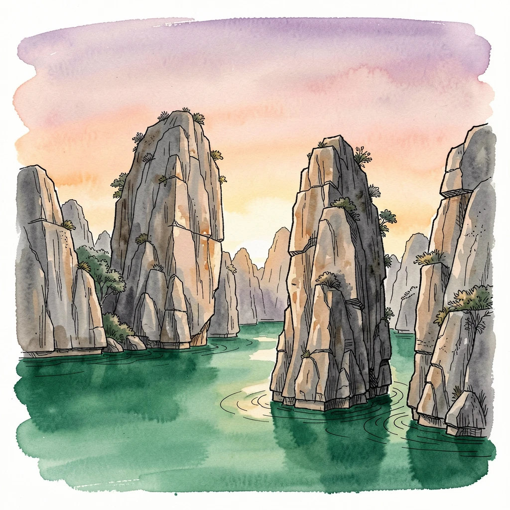 A limestone karst landscape rising from still emerald water, the last rays of sunset painting the sky in warm color.