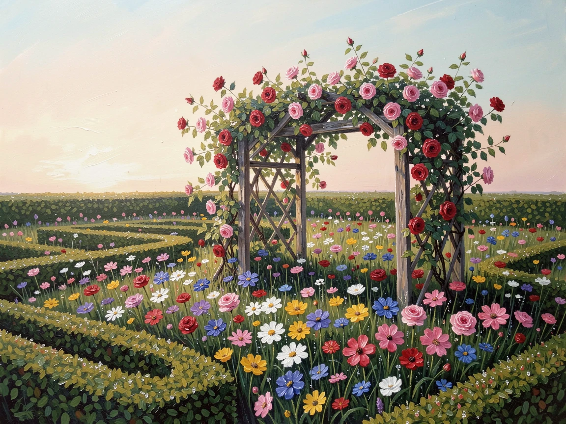 A wildflower meadow bursting with color, climbing roses spilling over an old wooden trellis, surrounded by a low boxwood hedge maze, in early morning, dew still clinging to every petal.