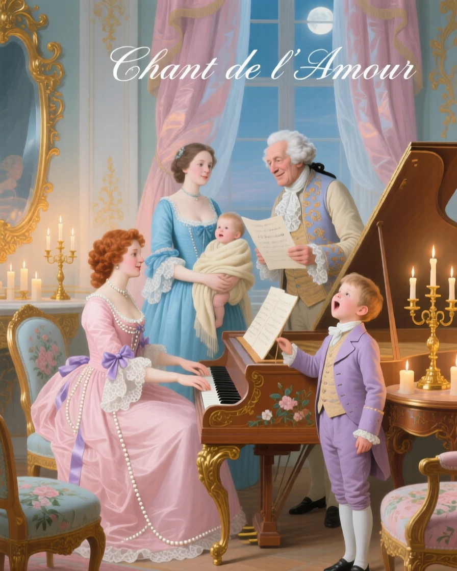 A family gathered around a harpsichord singing together by candlelight  