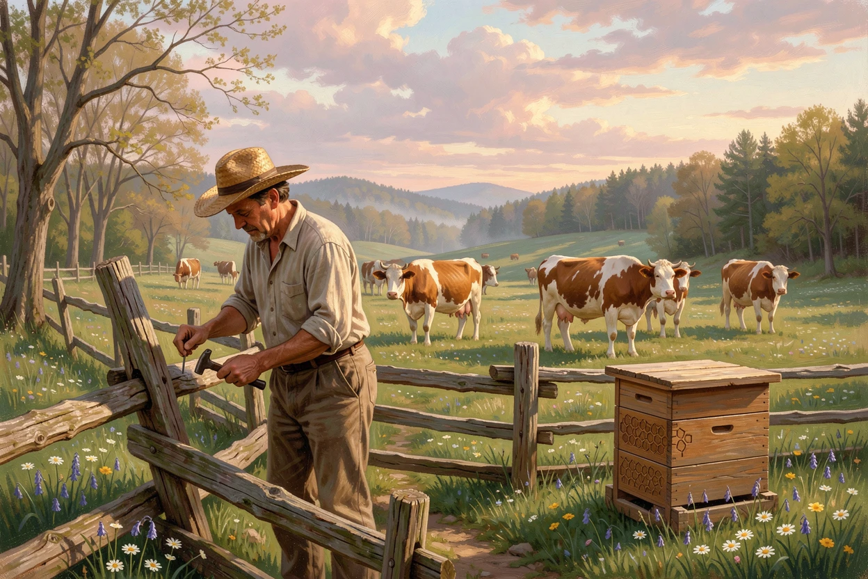 A beekeeper mends a fence along a pasture where cows graze lazily on a crisp morning in early spring.