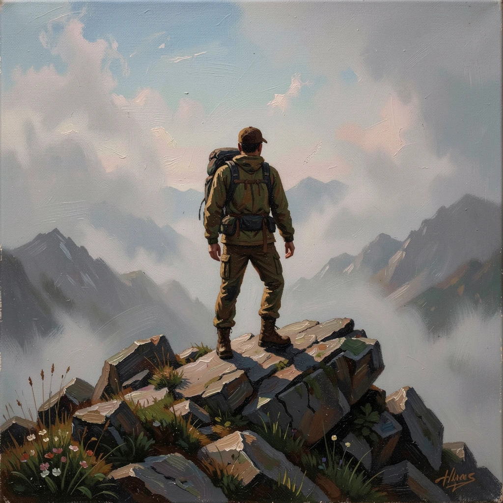 A hiker standing triumphantly atop a fog-covered mountain peak, as dramatic natural light enhances the excitement of the journey, celebrating exploration, discovery, and unforgettable experiences