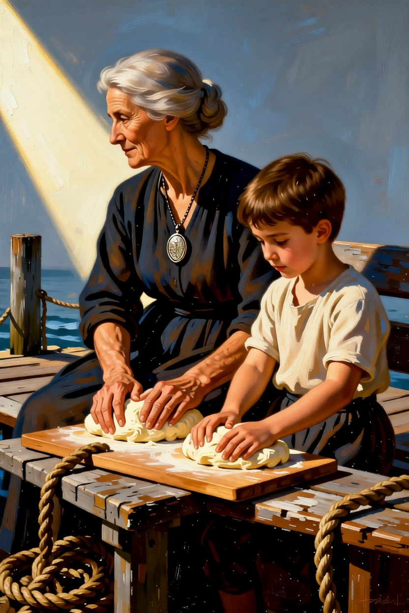 A grandmother teaching a child to knead bread dough turning slightly toward a soft, unseen light, set on a weathered dockside bench beside coiled rope, with a cherished heirloom locket resting against her collarbone; the hands are given equal storytelling weight alongside the face, capturing grace under the weight of everyday devotion.
