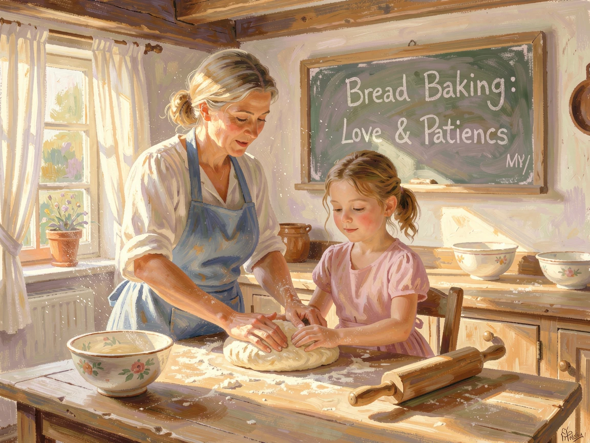 A grandmother teaching her granddaughter to bake bread in a rustic farmhouse kitchen filled with warm morning light, filled with a cozy, comforting atmosphere.