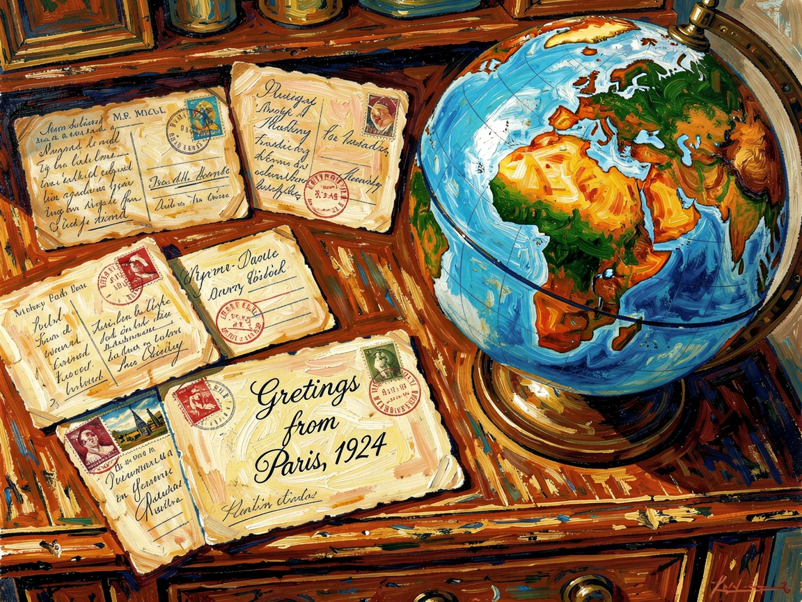A collection of vintage postcards and a globe resting on an old wooden desk.