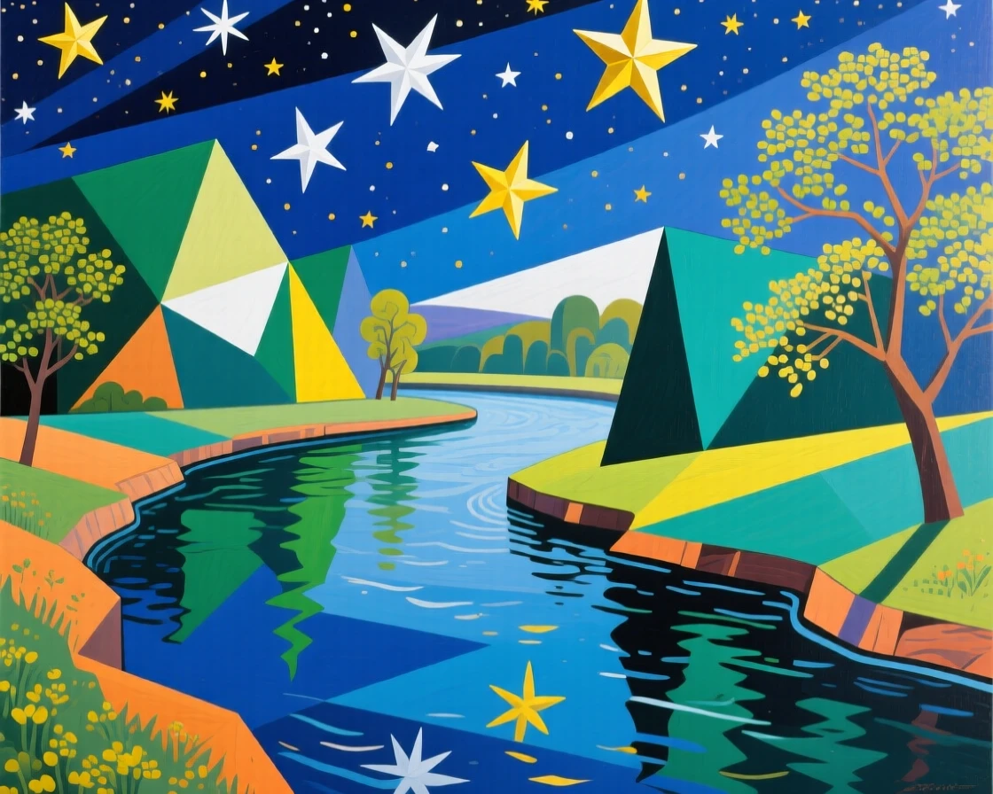 A medium shot of a tranquil river bend beneath a star-filled night sky, in early spring.