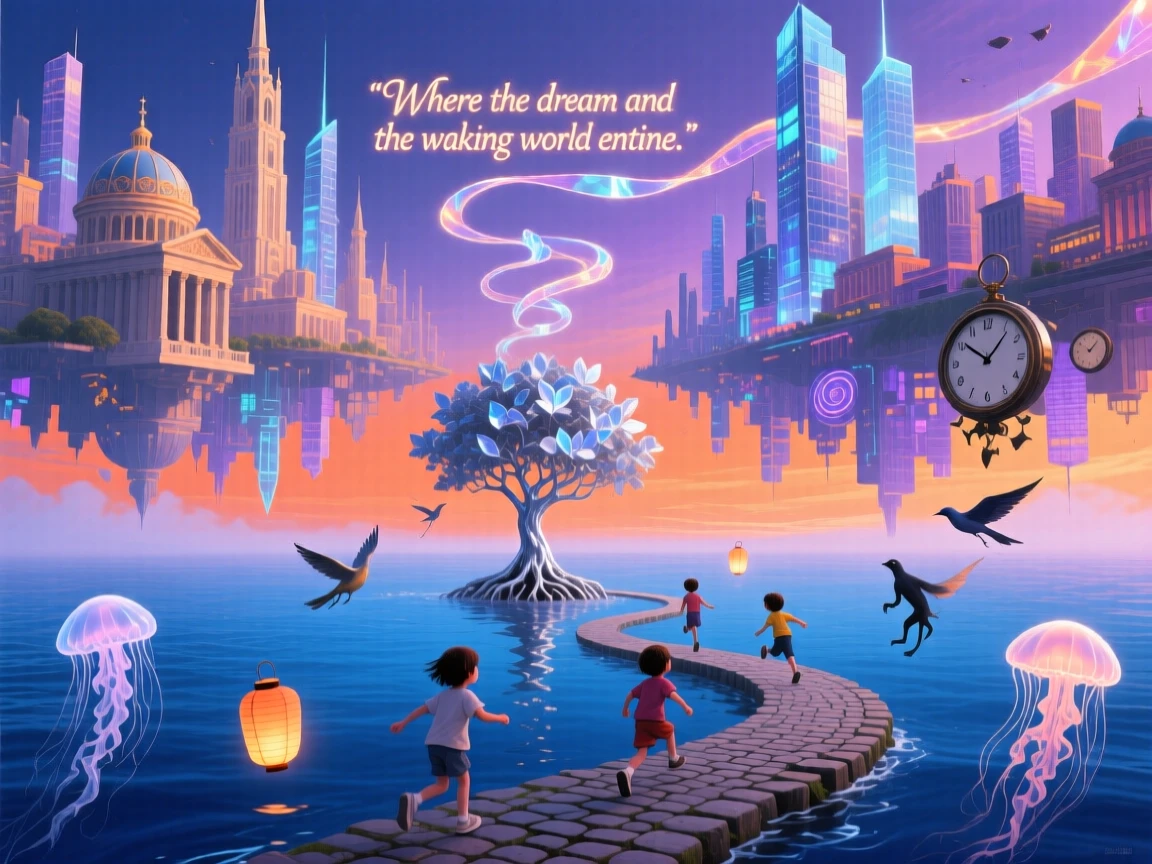 Twin cities mirrored above and below a horizontal sea floats free of any visible ground below, while children run along paths that curve into the sky.