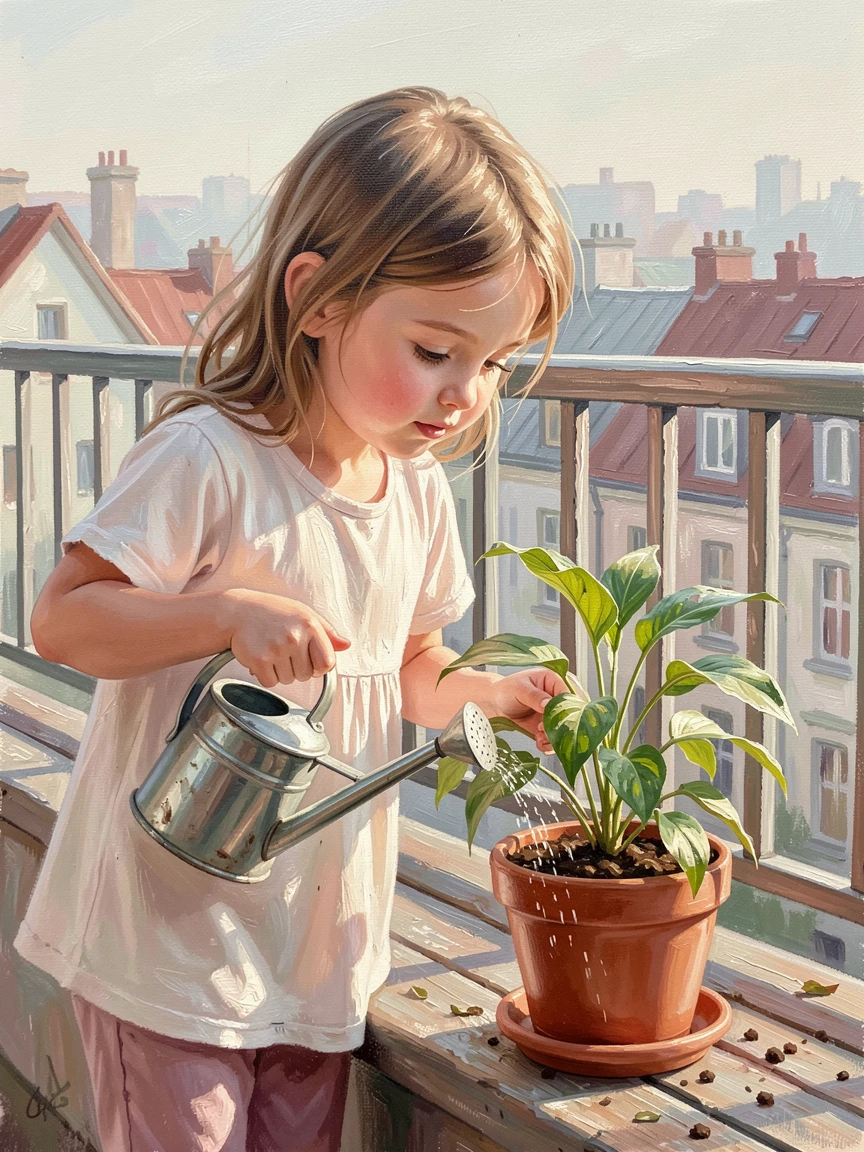 A little girl carefully waters a small potted plant on a sunny apartment balcony, city rooftops visible in the soft background, the moment feeling candid and intimate rather than posed or staged.